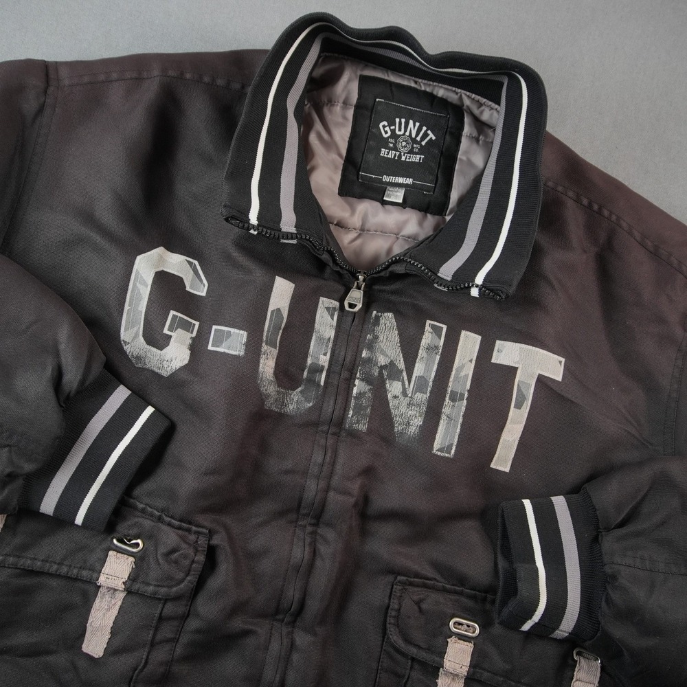 Y2K G-Unit Thrashed Bomber Heavy Weight Jacket Mens L Black Hip Hop Outerwear